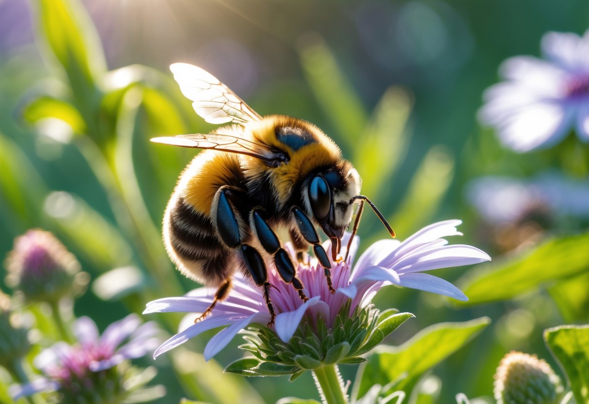 Close-up of a bumble bee on a flower surrounded by green plants and sunlight.