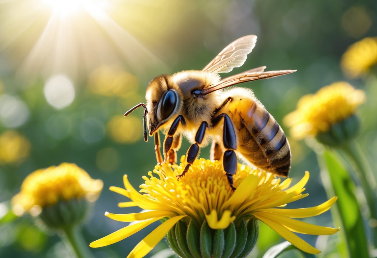 A honeybee sitting on a yellow flower surrounded by green plants in sunlight.