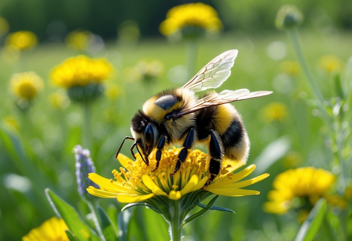 A bumblebee sitting on a yellow flower in a green meadow.