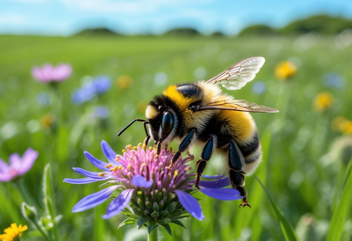 A bumblebee resting on a wildflower in a green meadow with a blurred countryside background.