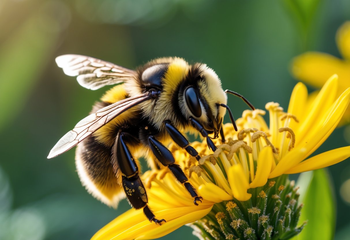 A bumblebee collecting nectar from a yellow flower with green foliage in the background.