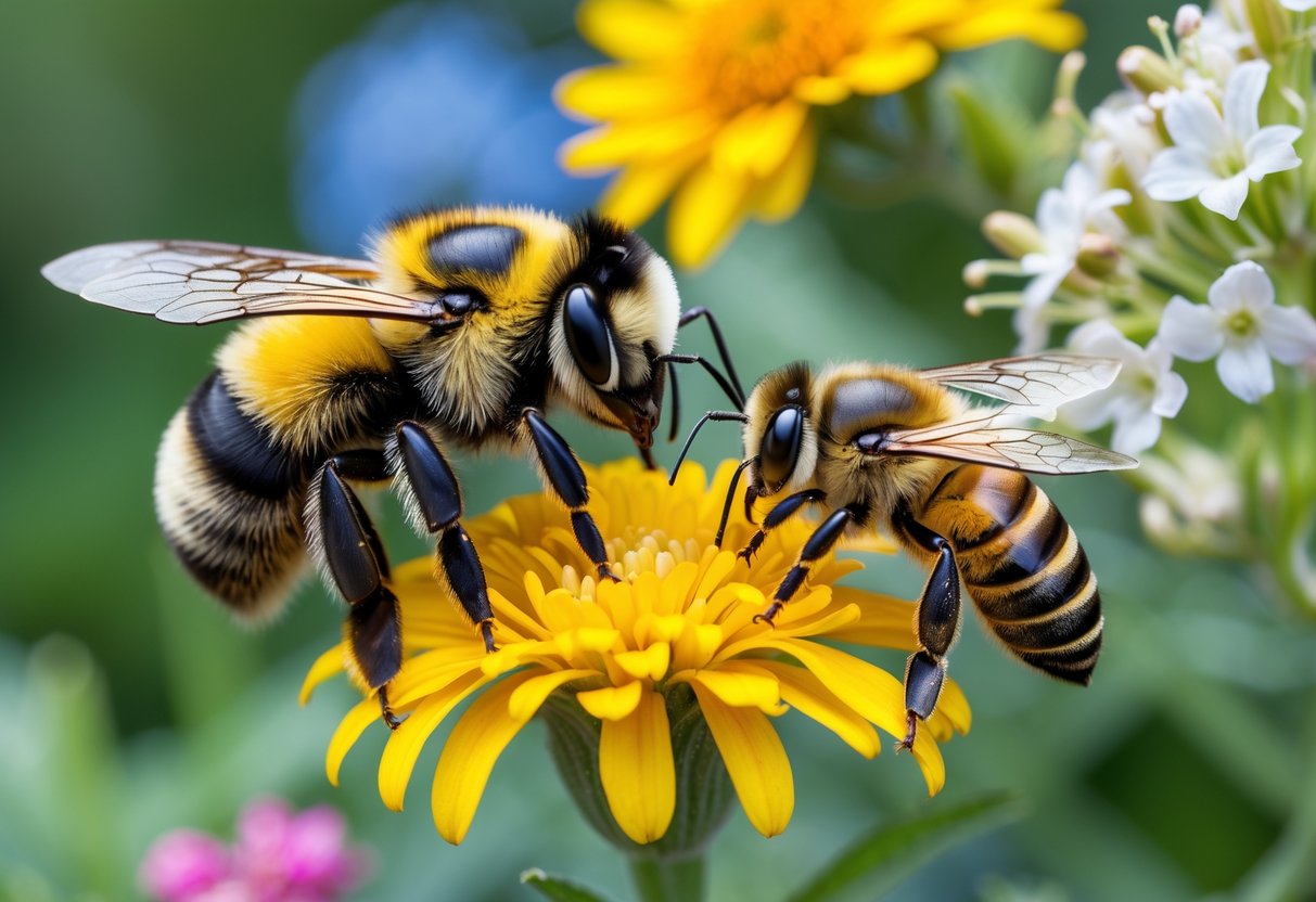 A close-up of a bumble bee and a honey bee collecting nectar from flowers in a garden.