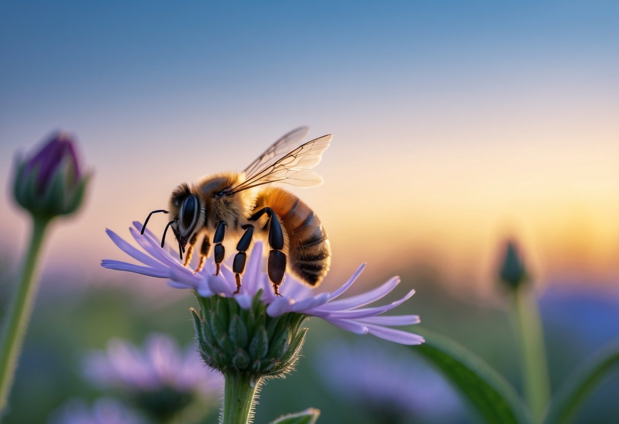 A honeybee resting on a flower at twilight with a colorful sky in the background.