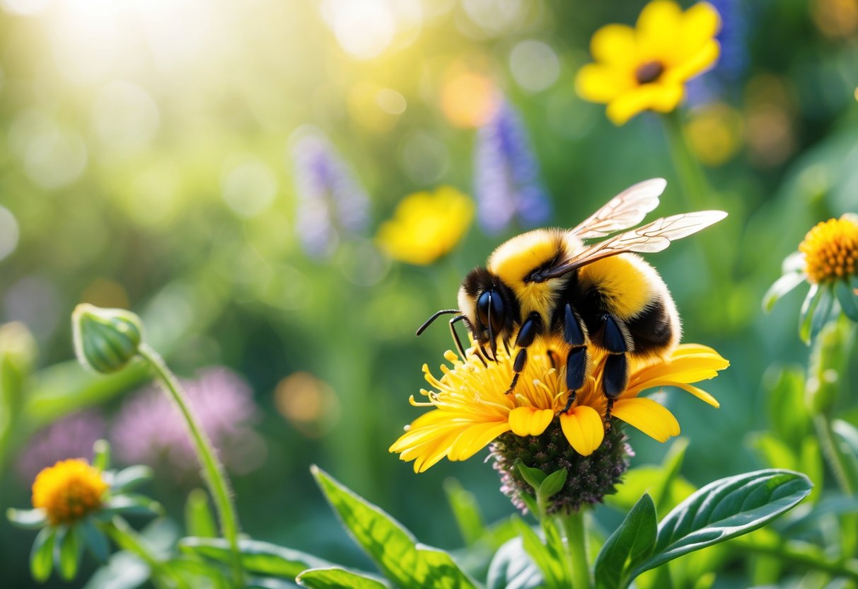 A bumblebee sitting on a yellow flower in a green garden with other flowers around.