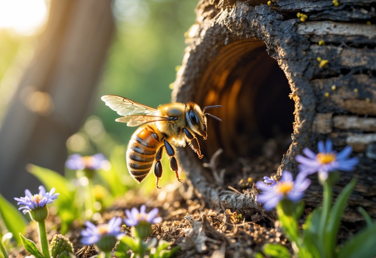 A honey bee flying near the entrance of its hive in a tree surrounded by flowers and greenery.