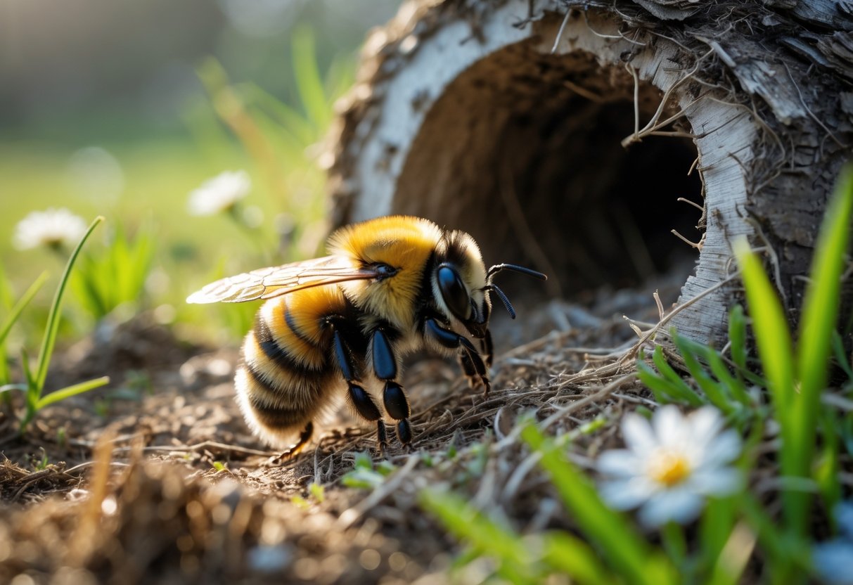 A bumblebee flying towards the entrance of its nest in a hollow tree trunk surrounded by grass and wildflowers.