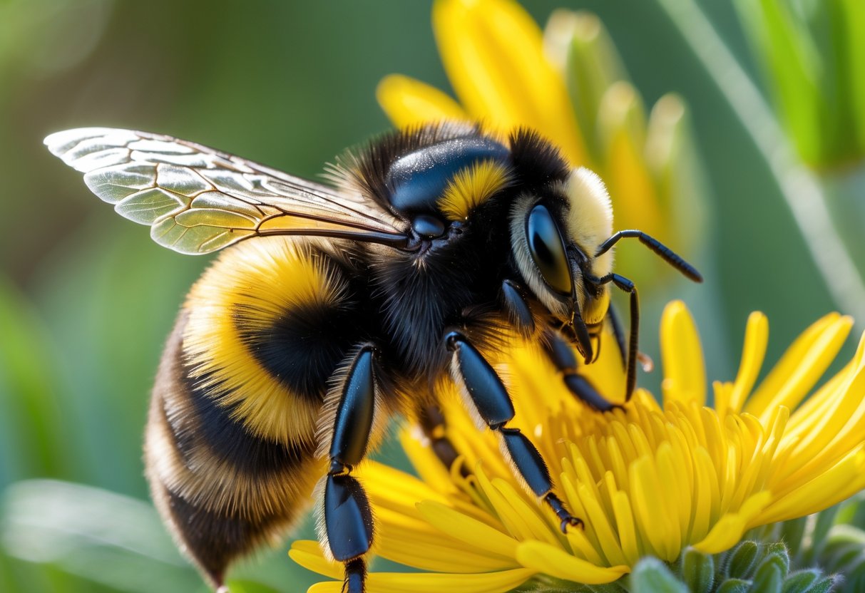 Close-up of a bumblebee on a yellow flower with green blurred background.
