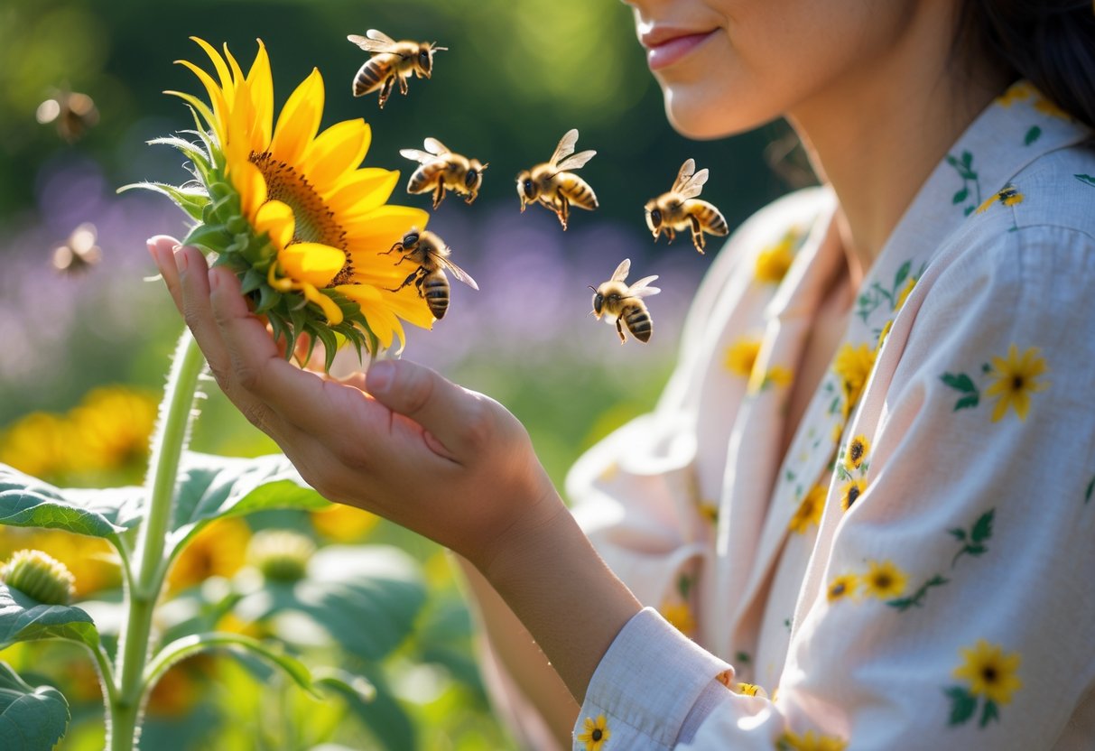 A person outdoors holding a sunflower with bees flying around the flower and near their hand.