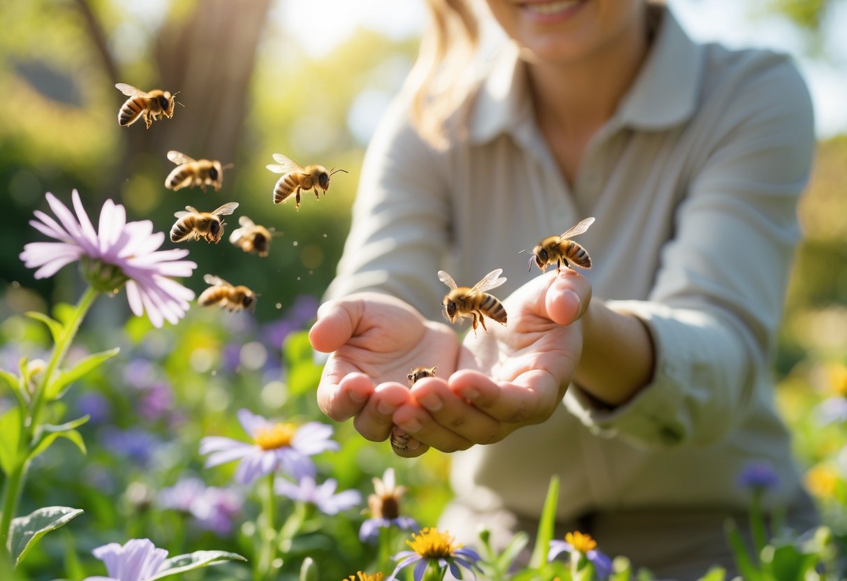 A person outdoors in a garden with bees hovering around their hands and shoulders near blooming flowers.