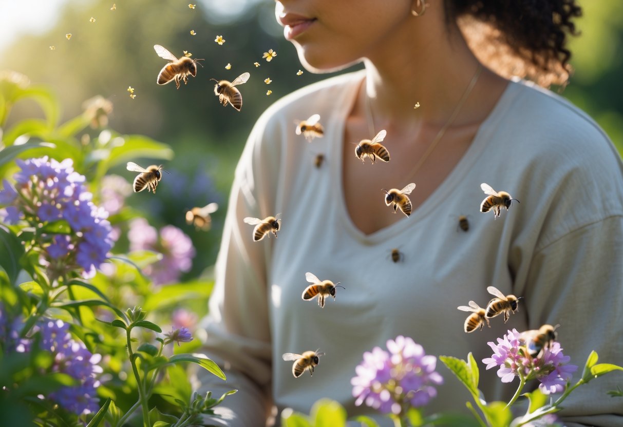 A person outdoors surrounded by blooming flowers with bees flying around them.