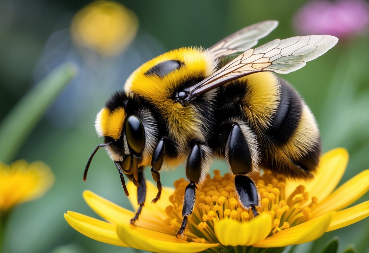 A queen bumblebee resting on a yellow flower in a garden.