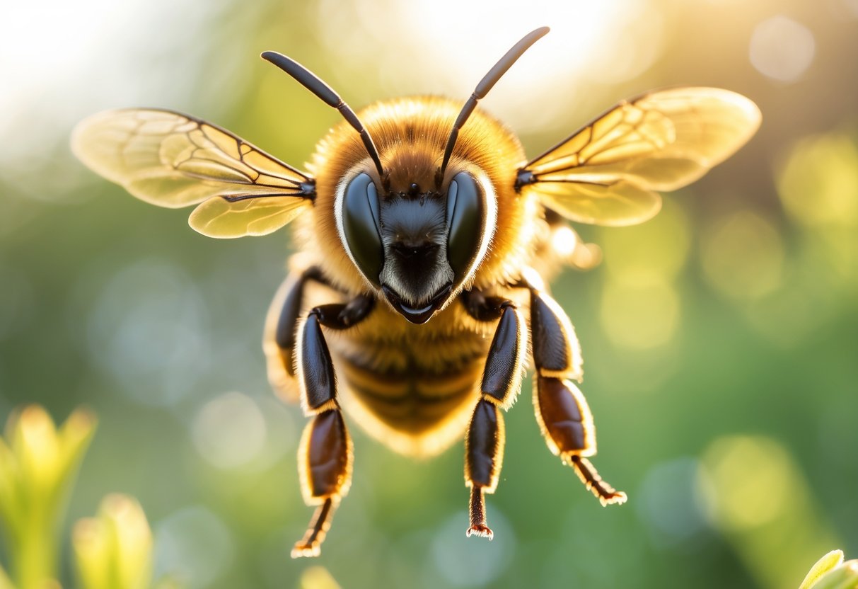 A honeybee hovering and facing the camera against a blurred green background.