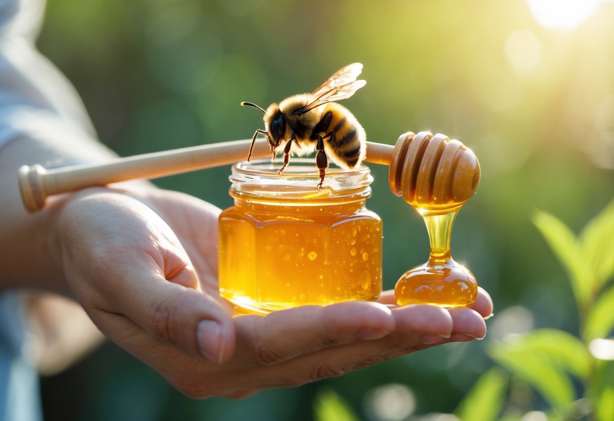 A person holding a jar of honey with a bumblebee perched on the jar outdoors.