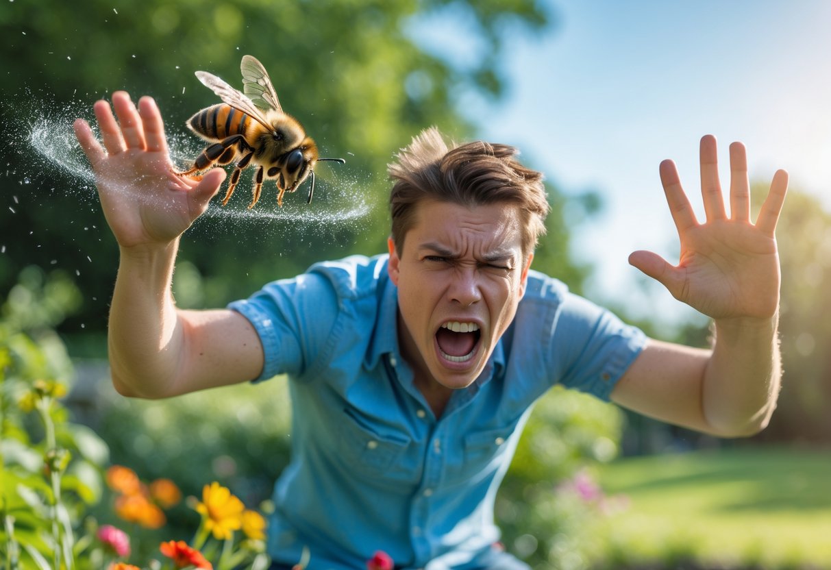 A person outdoors panicking and flailing arms as a bee hovers near their face in a garden.