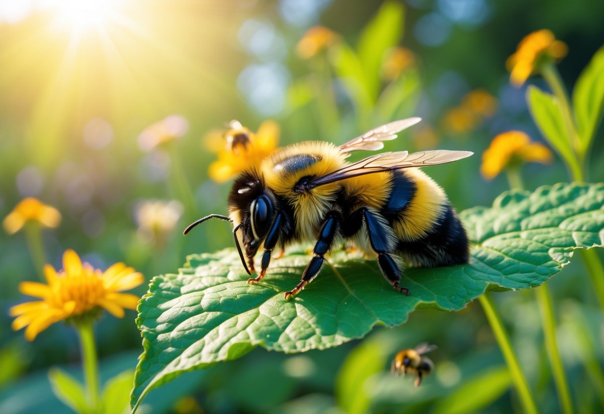 A close-up of a bumblebee queen resting on a green leaf surrounded by wildflowers in a sunlit garden.