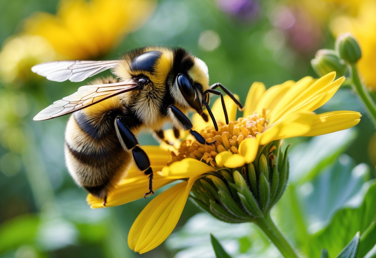 A close-up of a bumble bee collecting nectar from a yellow flower in a garden.