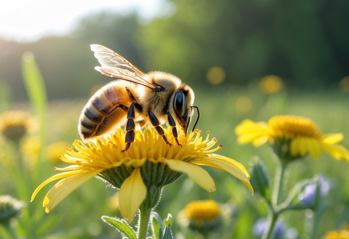 A close-up of a honeybee sitting on a yellow flower in a sunlit meadow with blurred green foliage in the background.