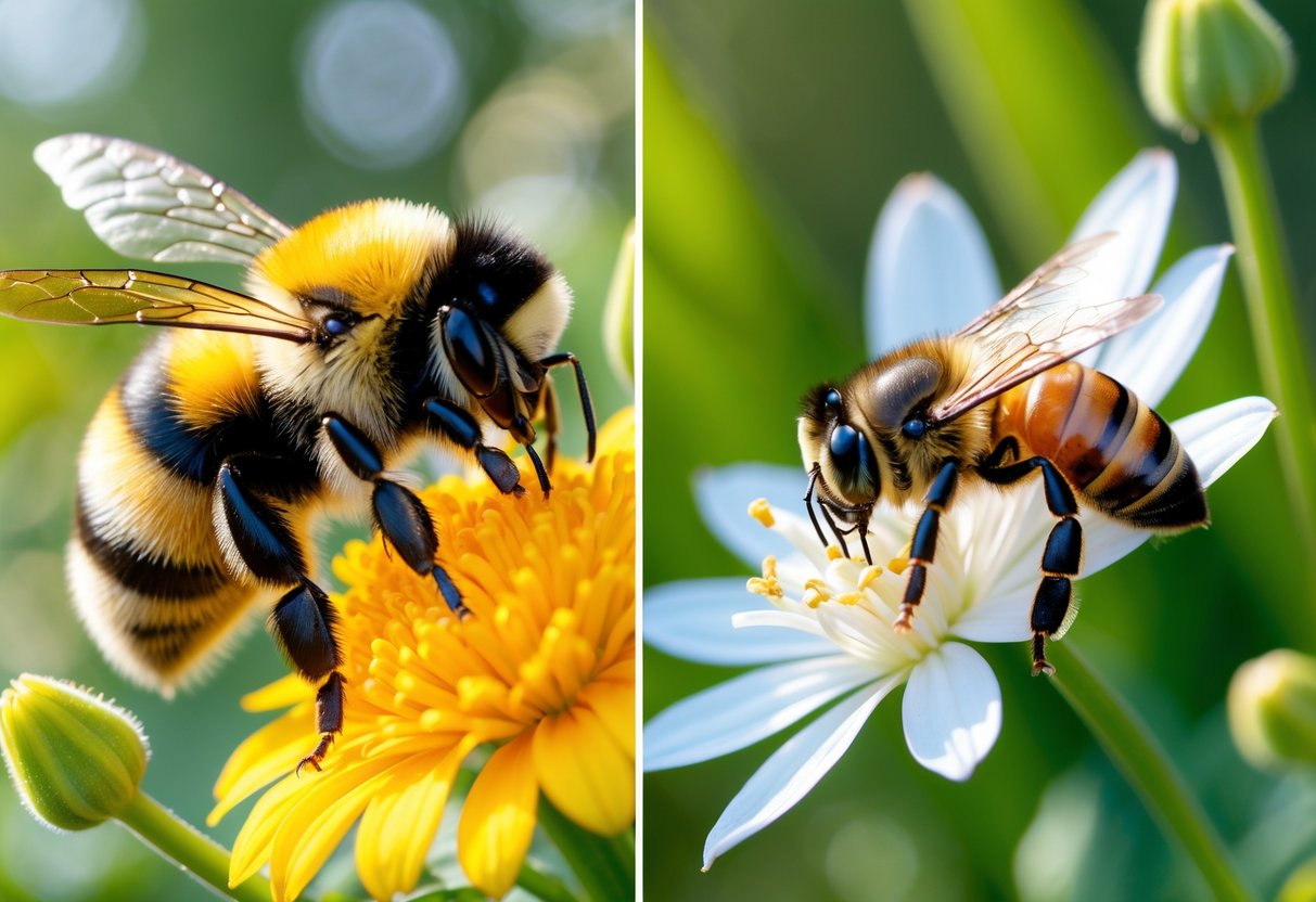 Close-up of a bumblebee and a honey bee on different flowers in a garden.
