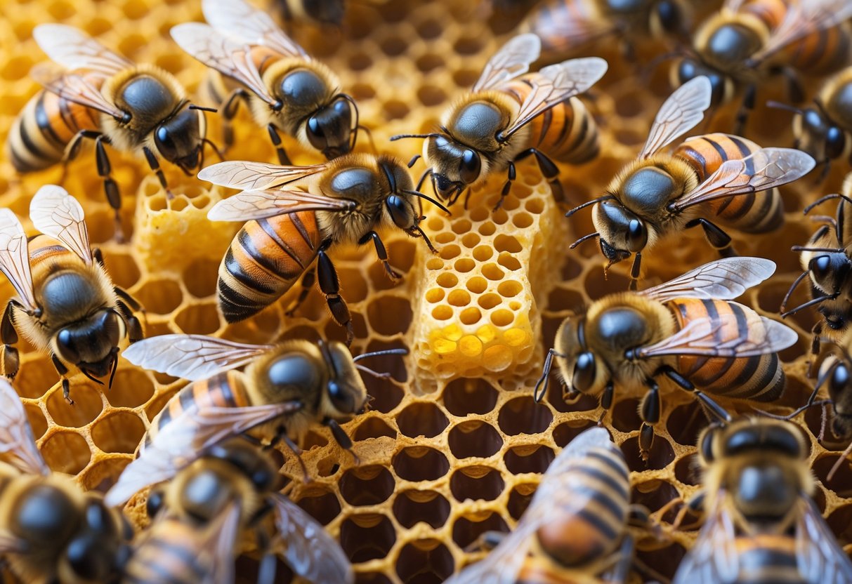 Worker bees tending to large queen cells inside a honeycomb in a beehive.