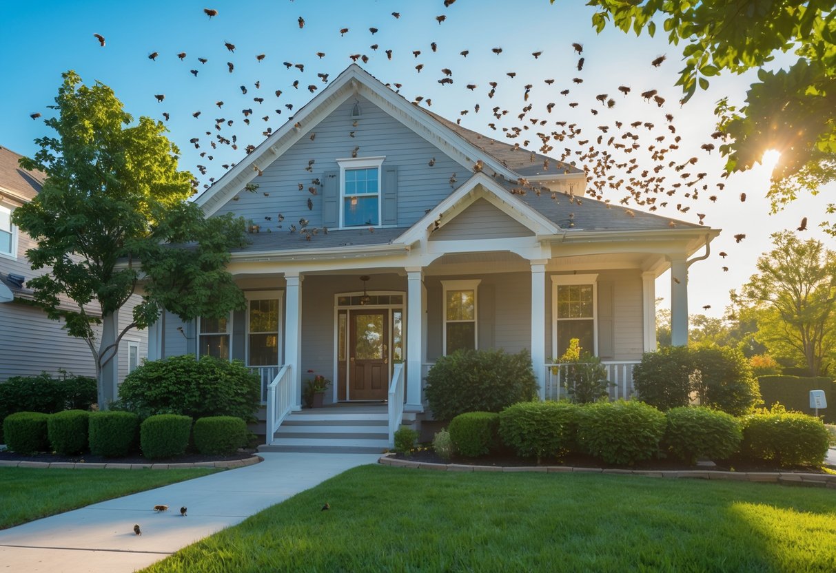 A suburban house with a large swarm of bees flying around the front porch and entrance.