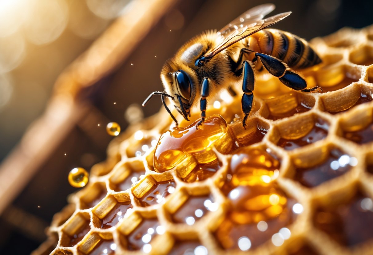 A honeybee feeding on honey in a honeycomb inside a beehive.
