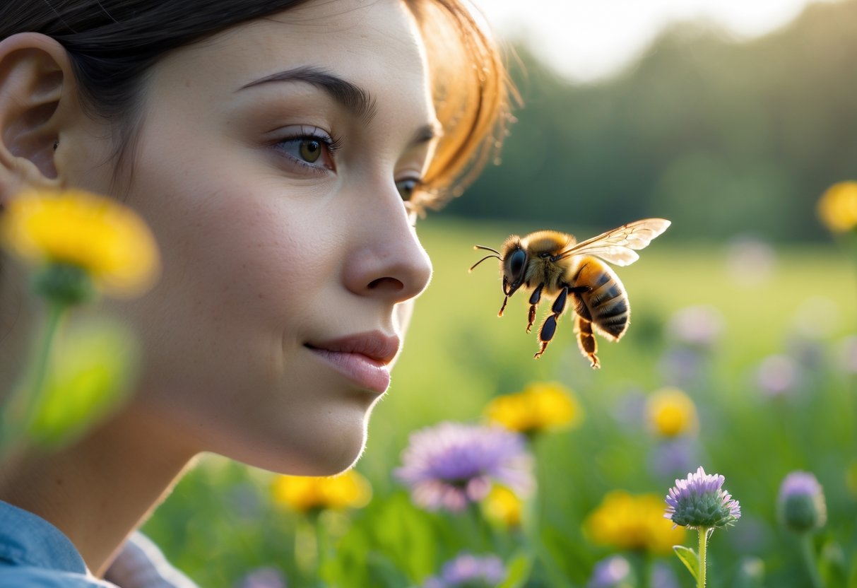 A person outdoors looking calmly at a bee hovering near their face in a garden with flowers.