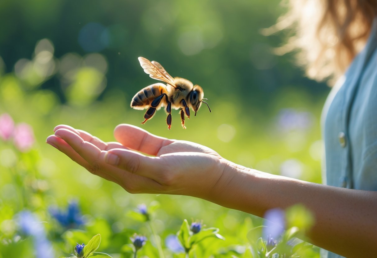 A person outdoors with a bee hovering near their extended hand in a garden.