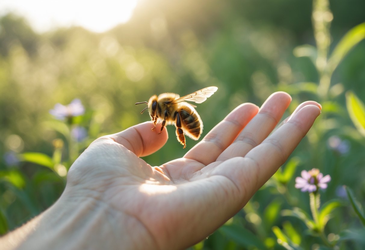 A close-up of a bee landing on a person's open hand outdoors with green plants and sunlight in the background.