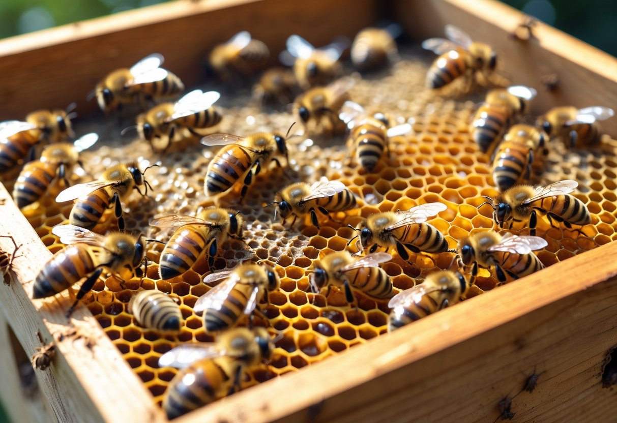 Close-up view of a beehive with many bees working on honeycomb cells inside a wooden hive box.
