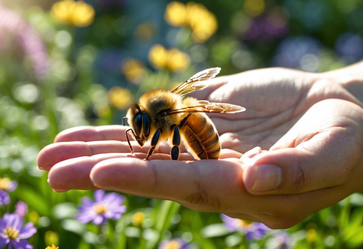 A honeybee resting on a person's calm, outstretched hand in a sunlit garden with flowers in the background.