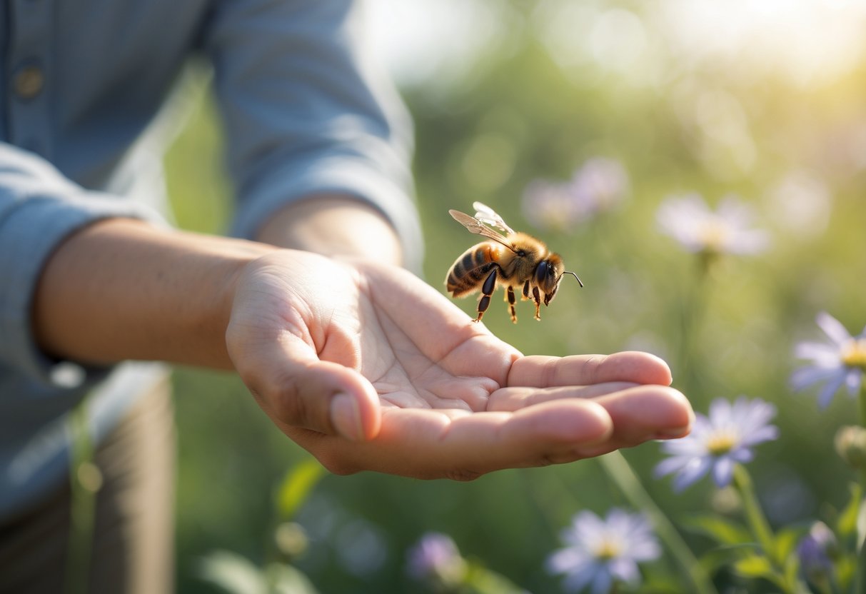 A person outdoors gently observing a bee landing on their hand surrounded by flowers and greenery.