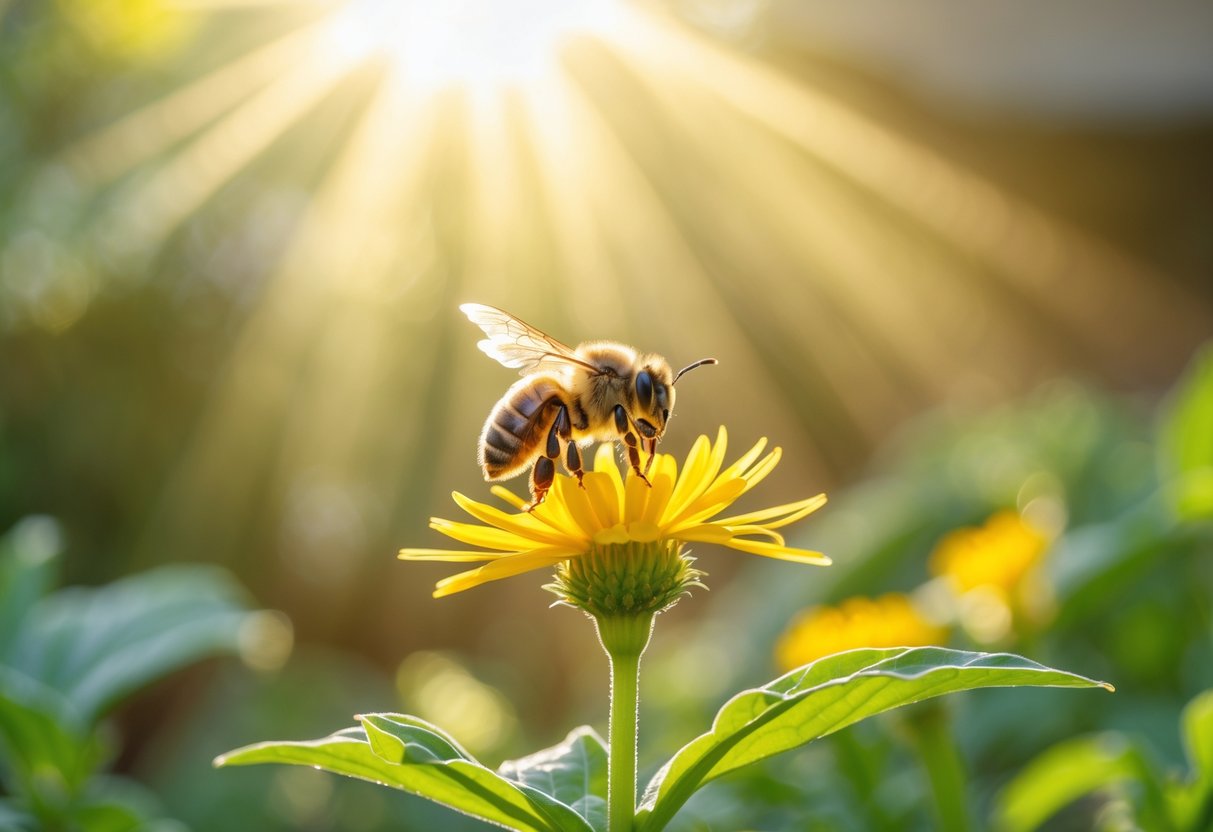 A bee resting on a yellow flower in a sunlit garden with green leaves in the background.