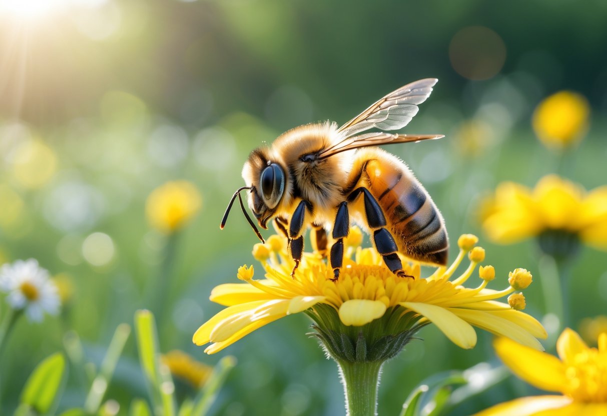 A close-up of a honeybee sitting on a yellow flower in a sunlit meadow with green foliage in the background.