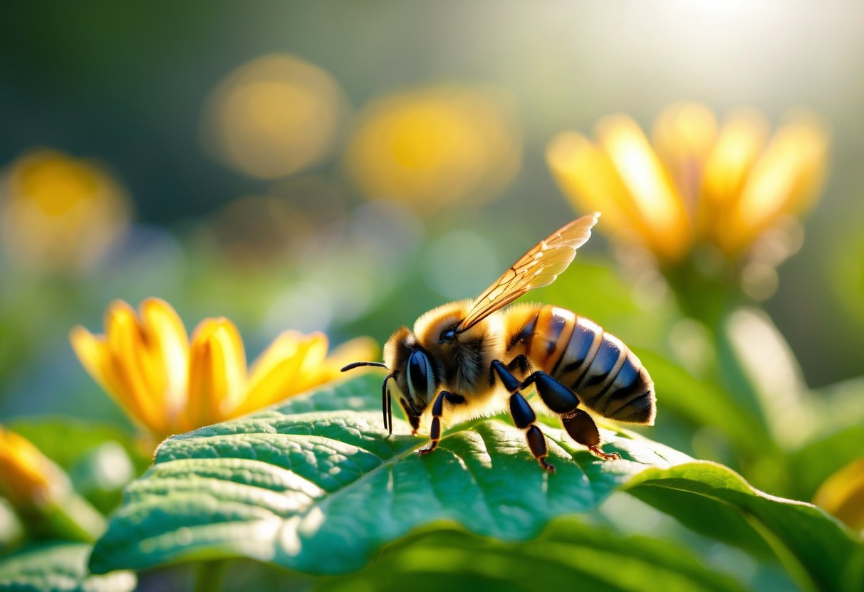 A honey bee lying still on a green leaf surrounded by blooming flowers in a sunlit garden.
