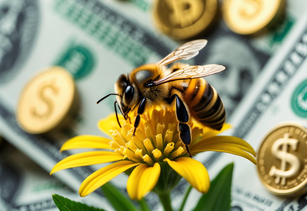 A close-up of a honeybee on a yellow flower with blurred golden coins and dollar bills in the background.