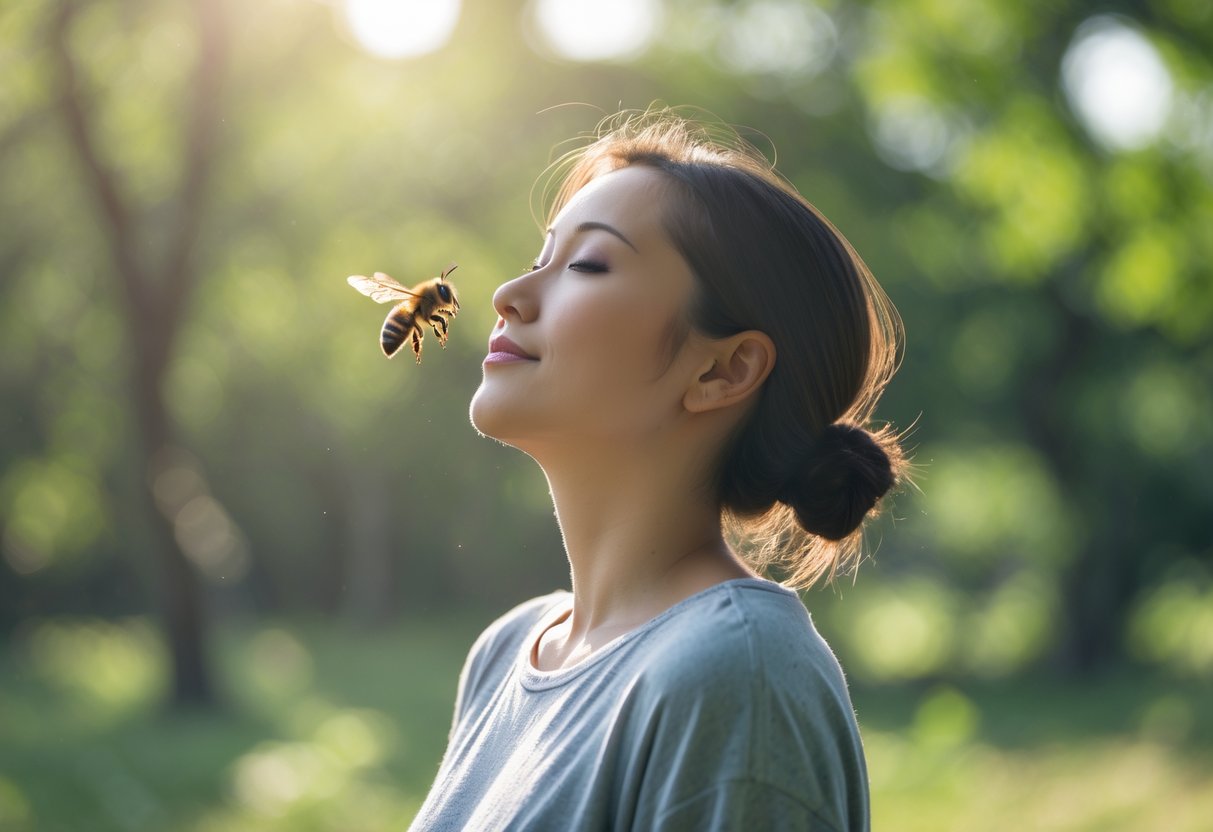 A person standing calmly outdoors with a bee flying near their face.