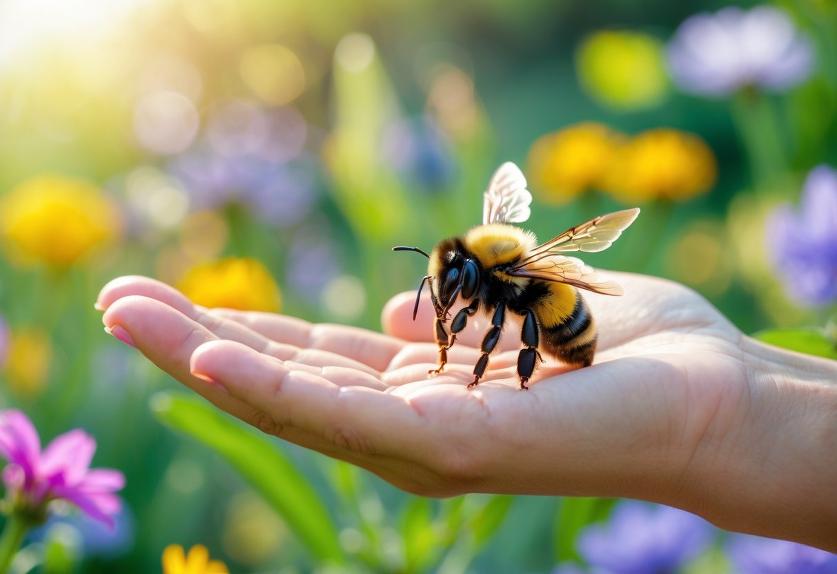 A bumble bee landing on a person's hand in a garden with flowers.
