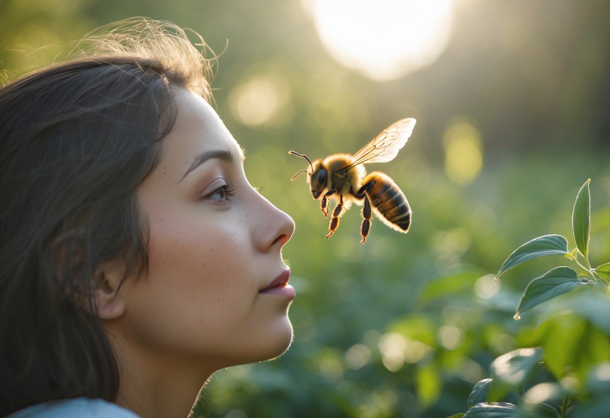 A person outdoors with a bee hovering near their face in a natural setting.