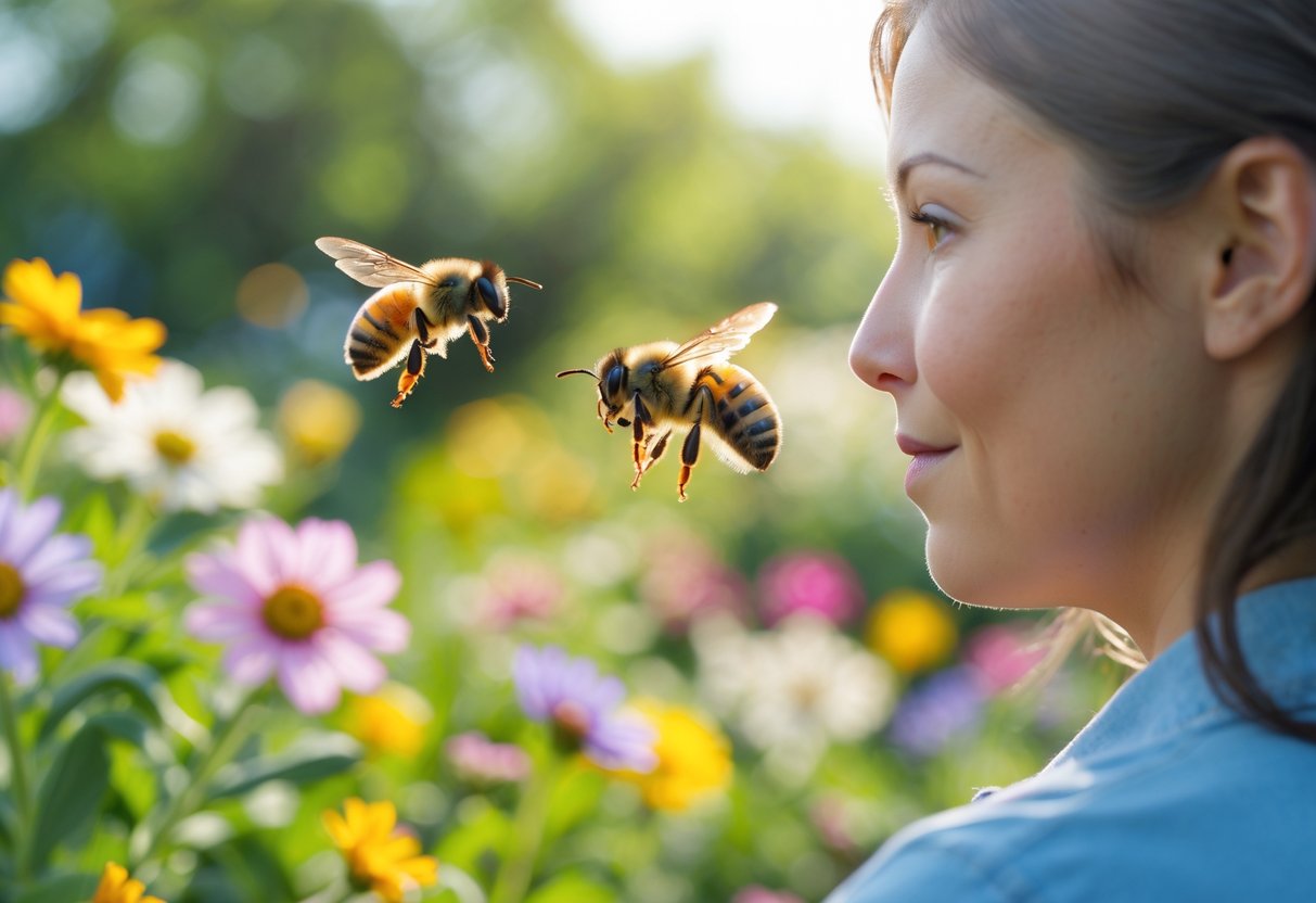 A person outdoors in a garden with a bee hovering near their face.