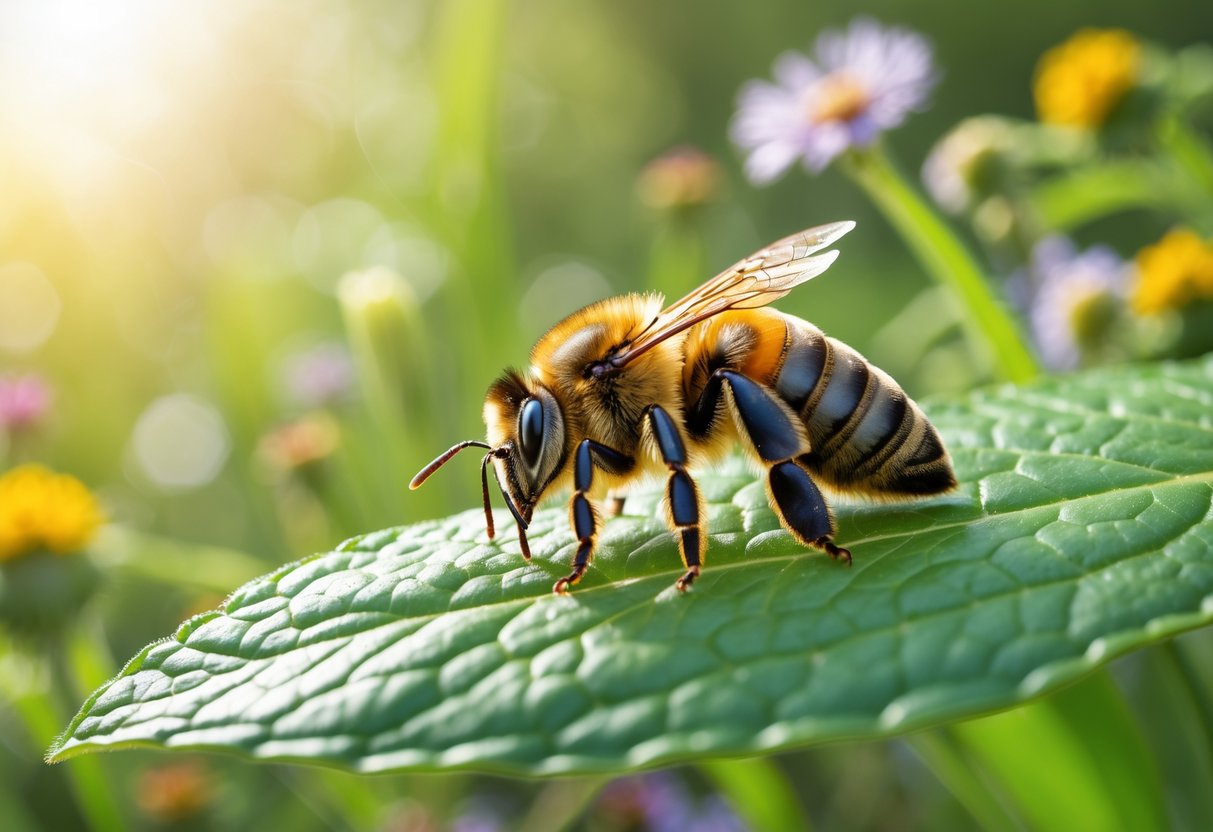 A close-up of a bee crawling on a green leaf with blurred flowers in the background.