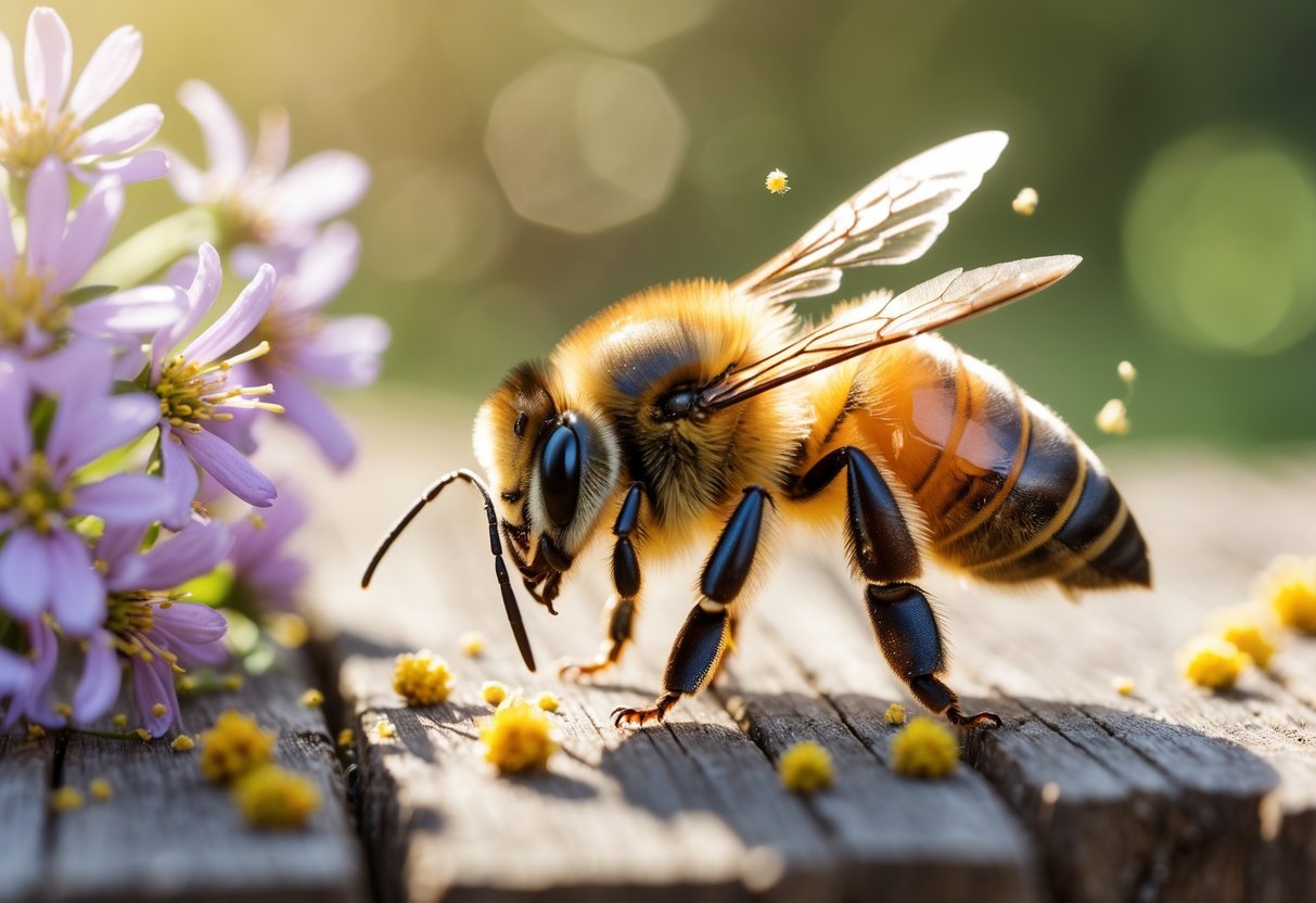 A close-up of a honeybee crawling on a wooden surface near flowers with pollen visible.