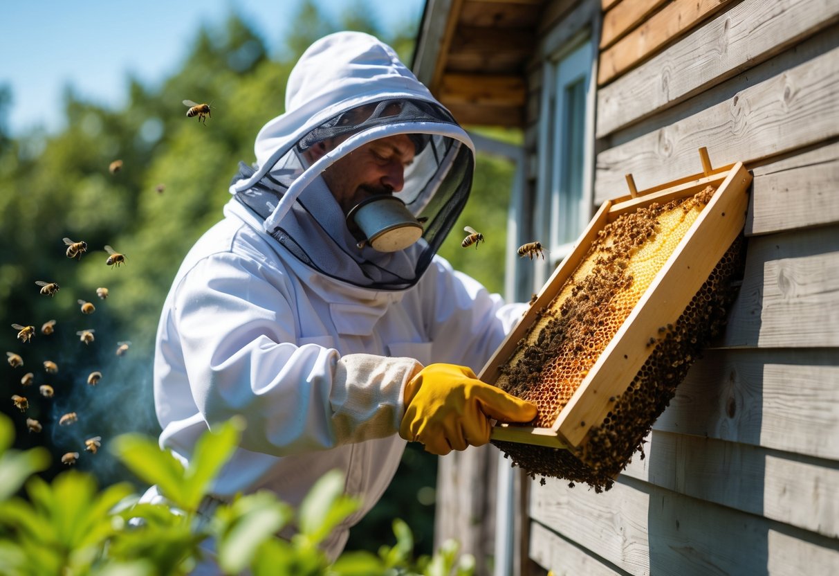 Person in protective gear removing a bee hive from a wooden house exterior using a bee smoker outdoors.