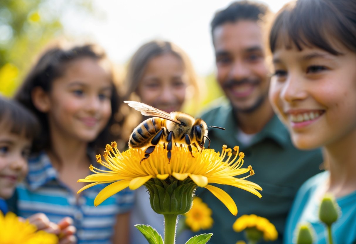A honeybee on a yellow flower with people smiling and watching in the background.
