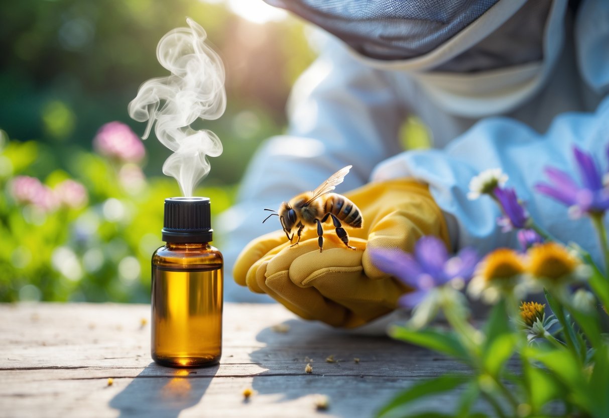 A beekeeper holding a honeybee near a small bottle emitting vapor in a garden with flowers and greenery.