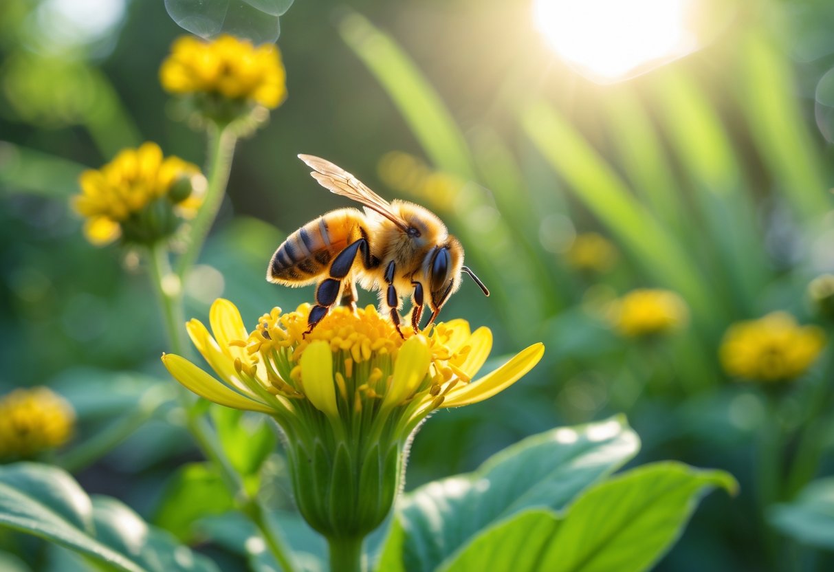 A close-up of a honeybee on a yellow flower in a garden with green leaves and sunlight in the background.