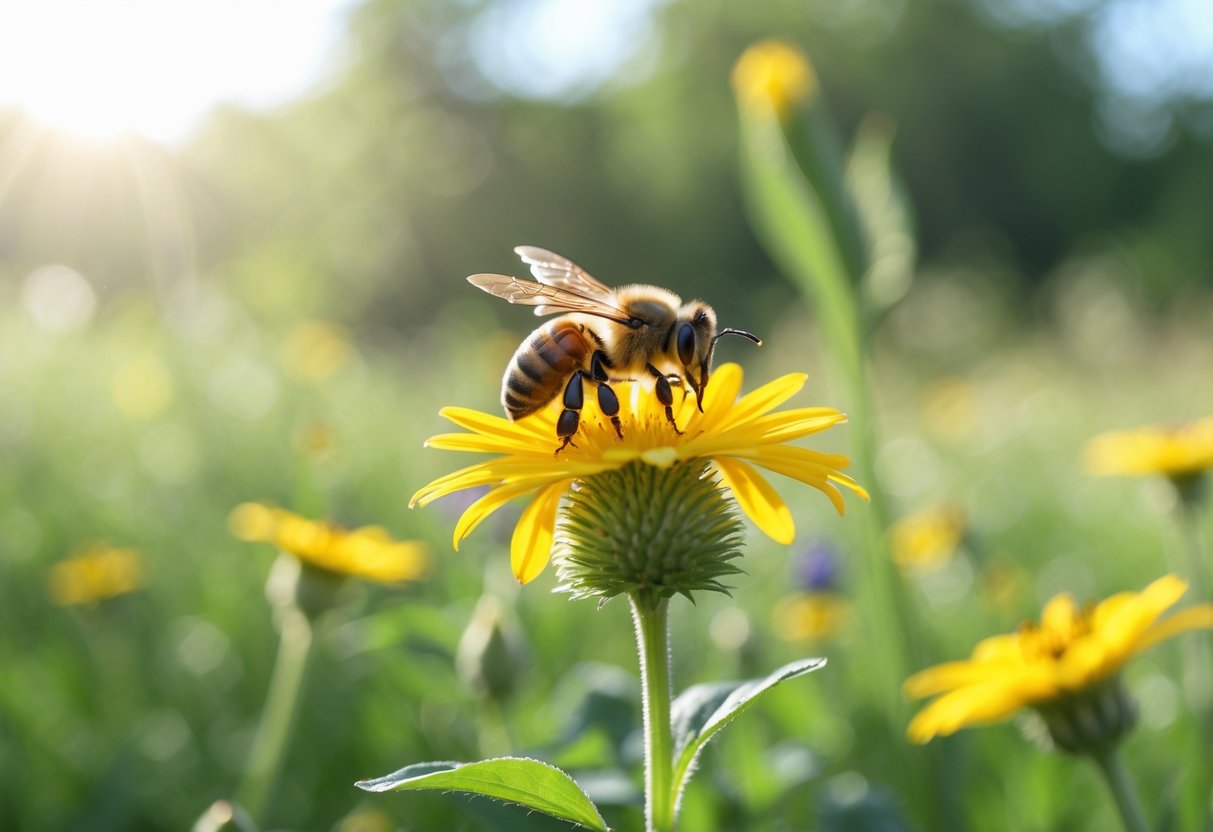 A close-up of a honeybee sitting on a yellow flower in a sunlit meadow with wildflowers in the background.