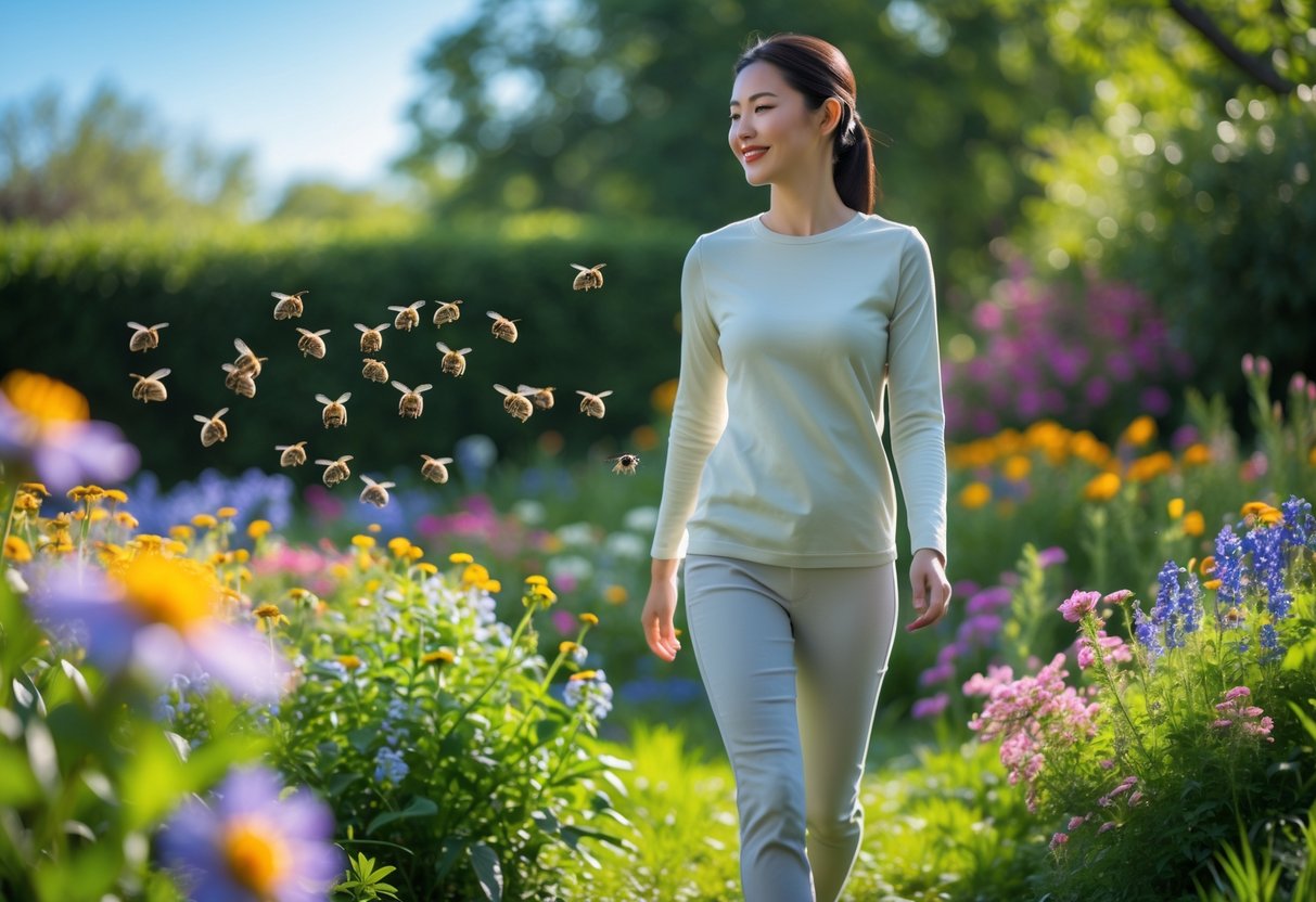 A person walking calmly near flowers with bees hovering around in a garden.