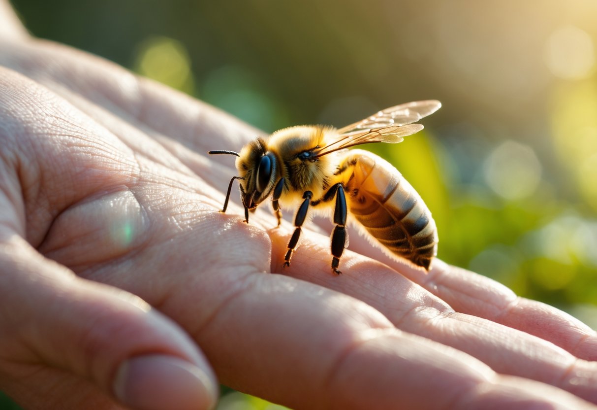 A honeybee resting on a person's hand outdoors with green foliage in the background.
