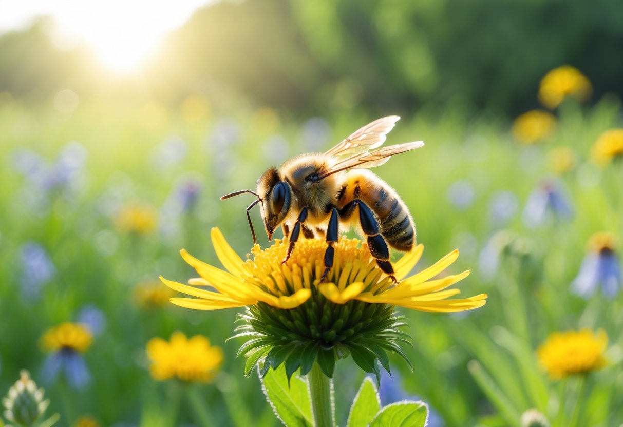 A bee sitting on a yellow flower in a meadow with green plants in the background.