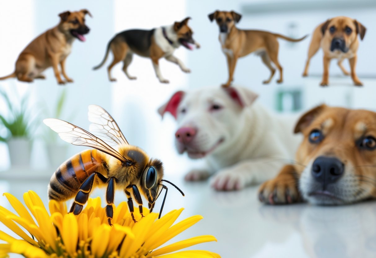 A close-up of a honeybee on a yellow flower with blurred images of a dog sniffing a human hand and a rat in a lab in the background.